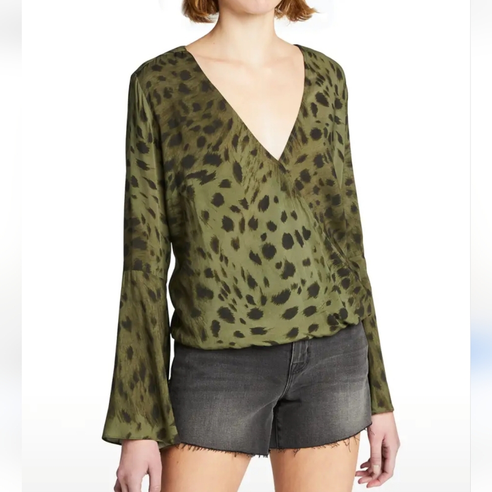 L'AGENCE Olive Green and Black Leopard-Print V-Neck Blouse